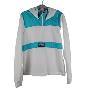 Victoria Secret Pink Turquoise White Pullover Hooded Athletic Sweatshirt L